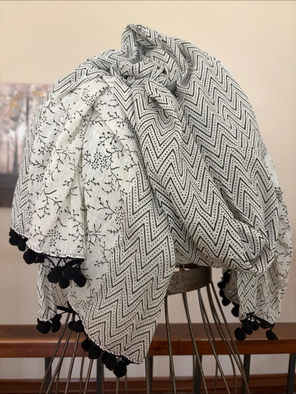 NWT Naf Naf Paris Large French Cotton Foulard Scarf Wrap Mixed Patterns Pom Poms